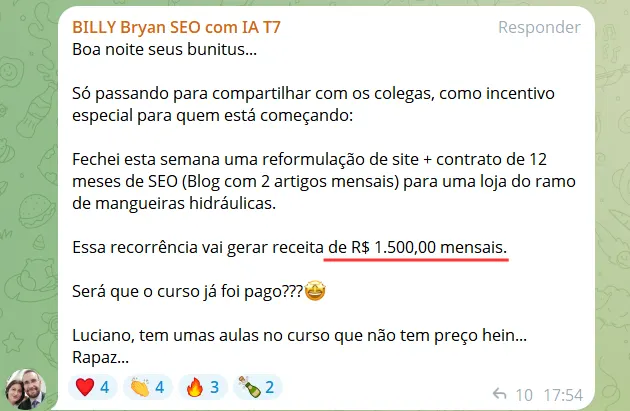 Depoimento: contrato de 12 meses de SEO gerando R$1.500/mês recorrentes