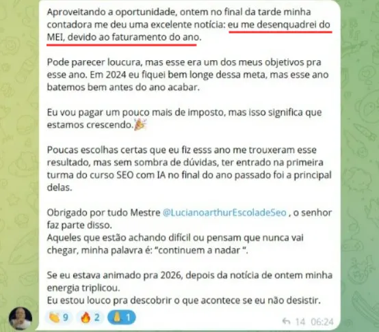 Depoimento: aluno se desenquadrou do MEI por excesso de faturamento após entrar no curso
