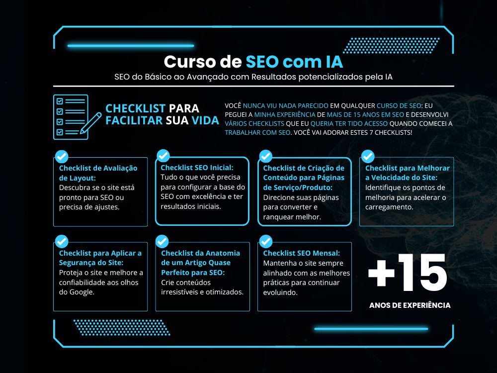 Checklists exclusivos do curso de SEO com IA que orientam desde layout até segurança e velocidade do site.