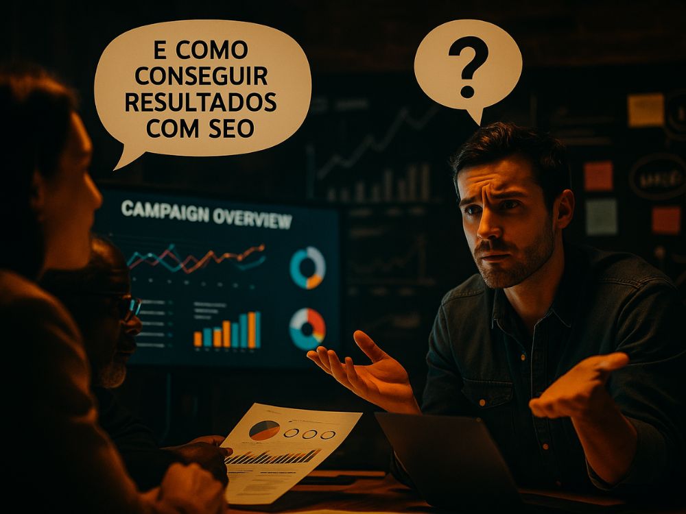 Profissional questiona como conseguir resultados com SEO durante reunião, ilustrando a importância de formação técnica como no curso de SEO com IA.