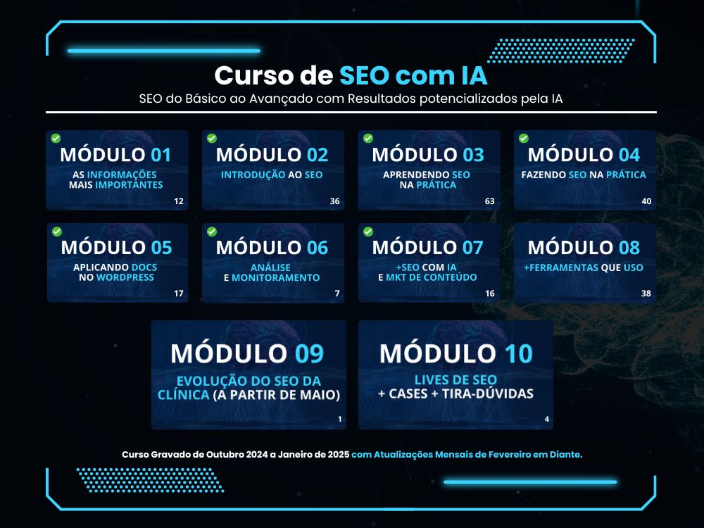 Estrutura completa do curso de SEO com IA com 10 módulos sobre otimização, conteúdo e ferramentas práticas.